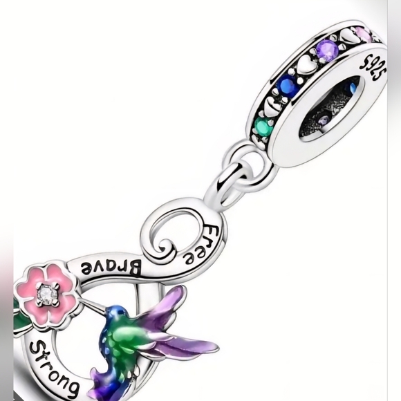 925 Sterling Silvery Hummingbird And Infinity Charm with Pink and Purple Accents - Picture 4 of 4